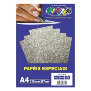 Papeis Especiais: Papel Glitter Prata - A4/180g/5 folhas