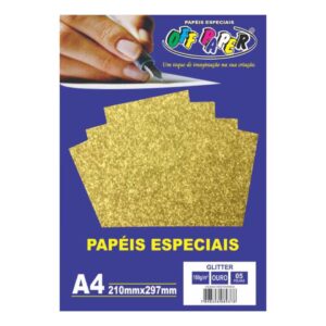 Papeis Especiais: Papel Glitter Ouro – A4/180g/5 folhas