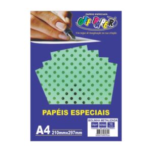 Papeis Especiais: Papel Bolinha Metalizada - Verde A4/120g/10 folhas
