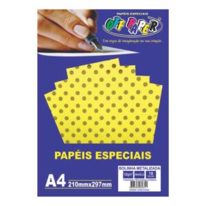 Papeis Especiais: Papel Bolinha Metalizada - Amarela A4/120g/10 folhas