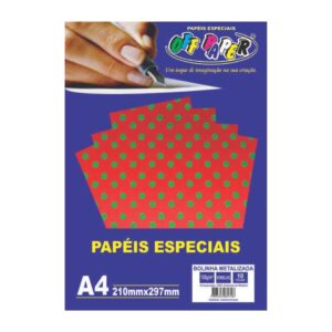 Papeis Especiais: Papel Bolinha Metalizada - Vermelho A4/120g/10 folhas