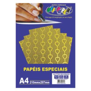 Papeis Especiais: Papel Glitter Ouro Coração - A4/150g/10 folhas