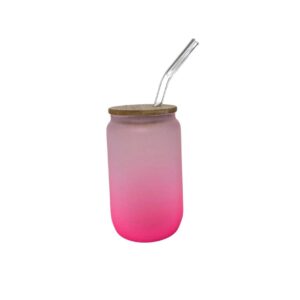 Copo de Vidro c/Tampa Bambu e Canudo Degradê Rosa - 400ml