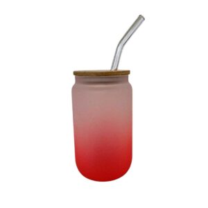 Copo de Vidro c/Tampa Bambu e Canudo Degradê Vermelho - 400ml