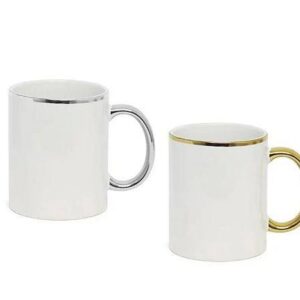 CANECA CERAMICA BRANCA BORDA E ALCA PRATA 325ML