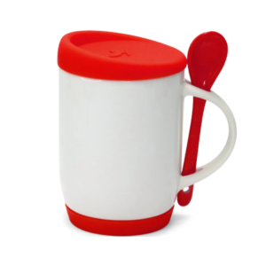 CANECA BRANCA COLHER ALÇA E TAMPA BASE EM SILICONE VERMELHA 325ML