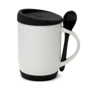 CANECA BRANCA COLHER ALÇA E TAMPA BASE EM SILICONE PRETO 325ML