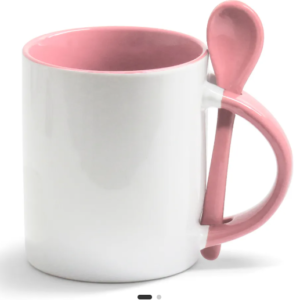Caneca Reta para Sublimação de Cerâmica Branca com Alça e Interior, Colher Rosa